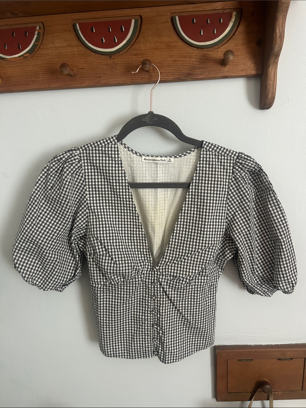 Abercrombie & Fitch Black & White Gingham Puff Sleeve Blouse
